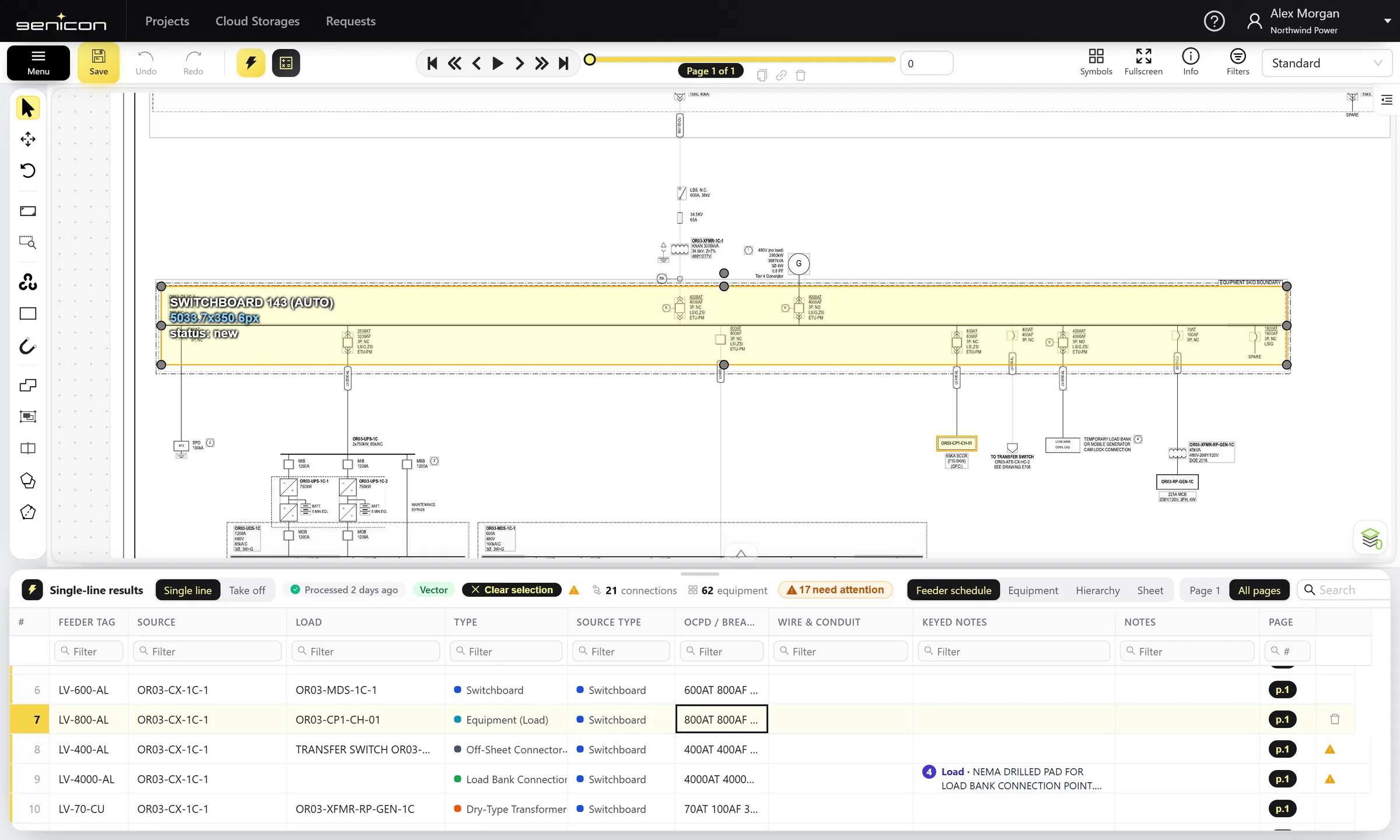 Superb processing a single-line diagram: a feeder row is selected and its source switchboard and load are highlighted on the drawing