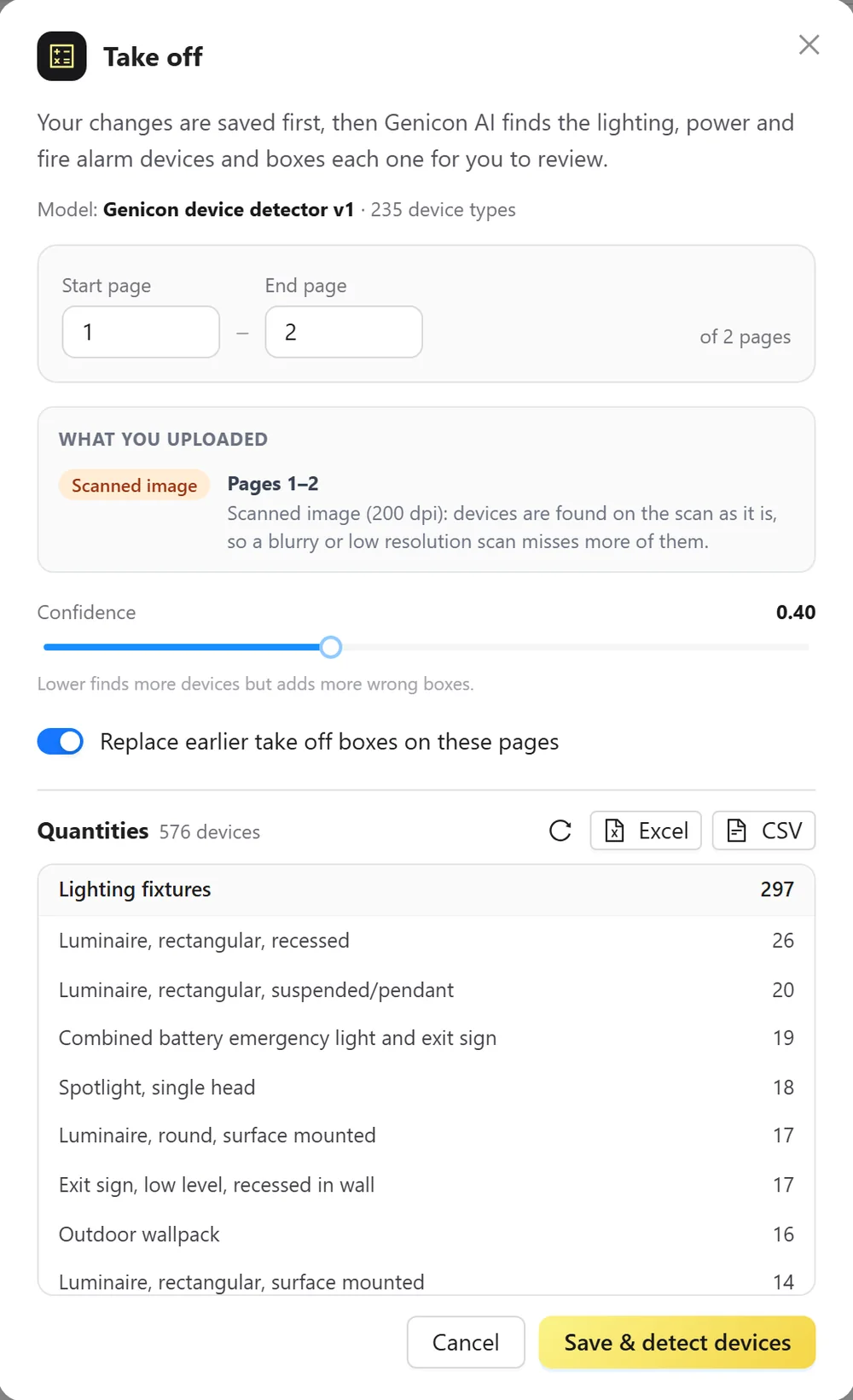 Take off dialog with quantities and Excel and CSV download