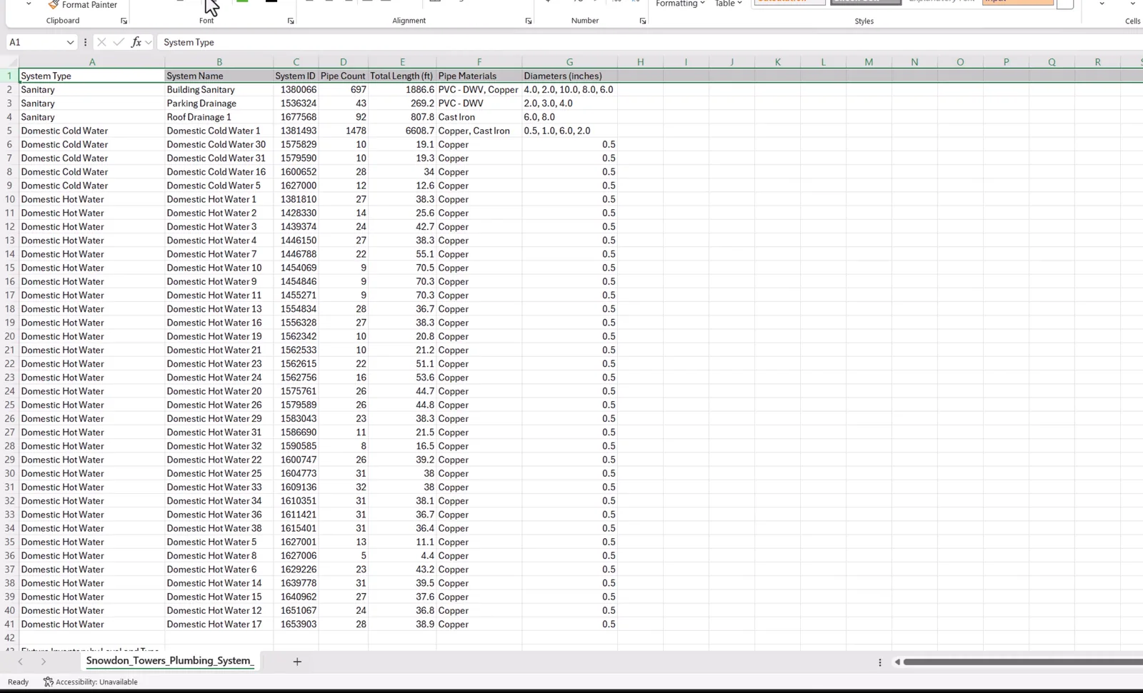 Plumbing system inventory exported to Excel
